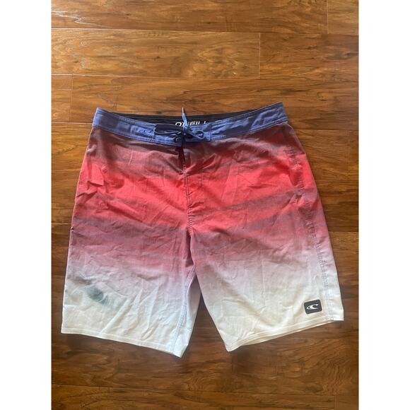 Short De Bain O'Neill Sateen Noir - Taille 30, Rayures Rouge Et Blanc, Occasion Très Bon état